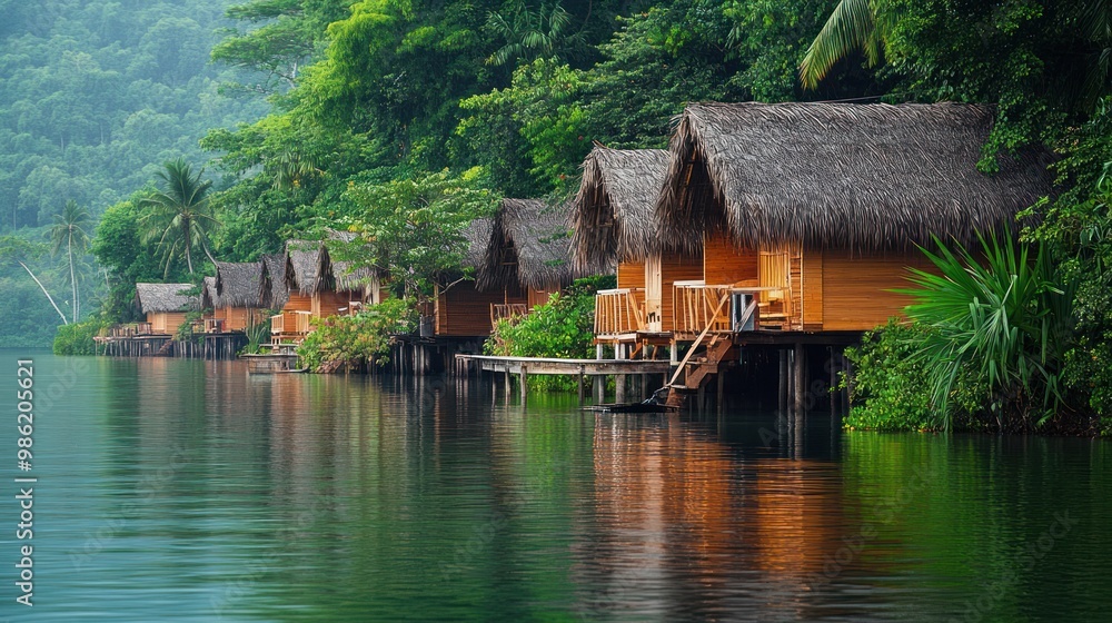Wooden huts with thatched roofs on stilts in a tropical lake surrounded by lush green jungle. Wooden huts with thatched roofs on stilts in a tropical lake surrounded by lush green jungle.