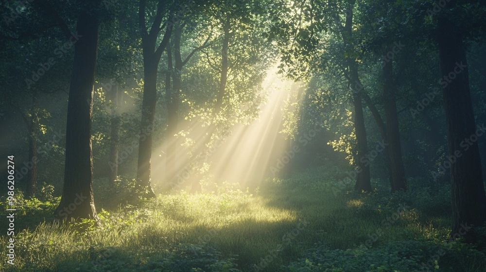 Sunlight Beams Through a Foggy Forest Sunlight Beams Through a Foggy Forest