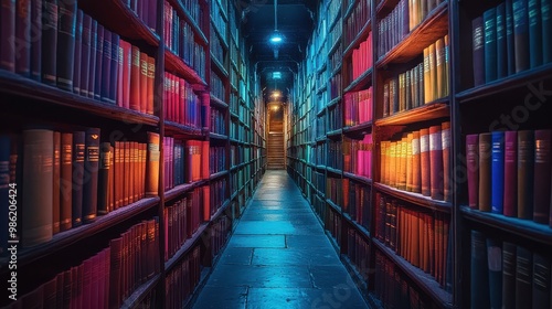 A library with many bookshelves and a long aisle of books. The books are of different colors and sizes