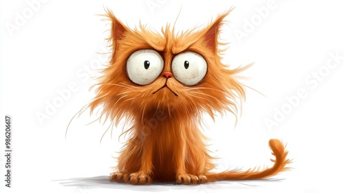 An orange cartoon cat with big eyes and a grumpy expression sitting on a white background. photo