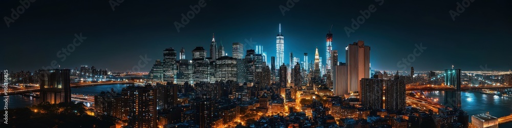 Panoramic view of the night skyline in New York Panoramic view of the night skyline in New York