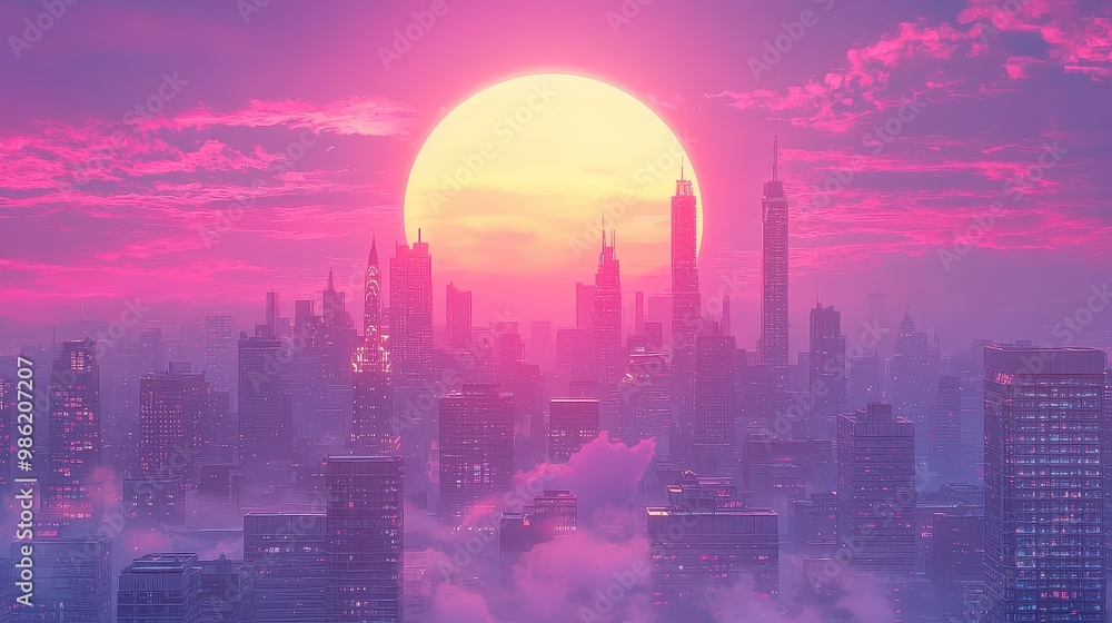 A city skyline with a large yellow sun in the background. The sky is pink and the sun is orange A city skyline with a large yellow sun in the background. The sky is pink and the sun is orange