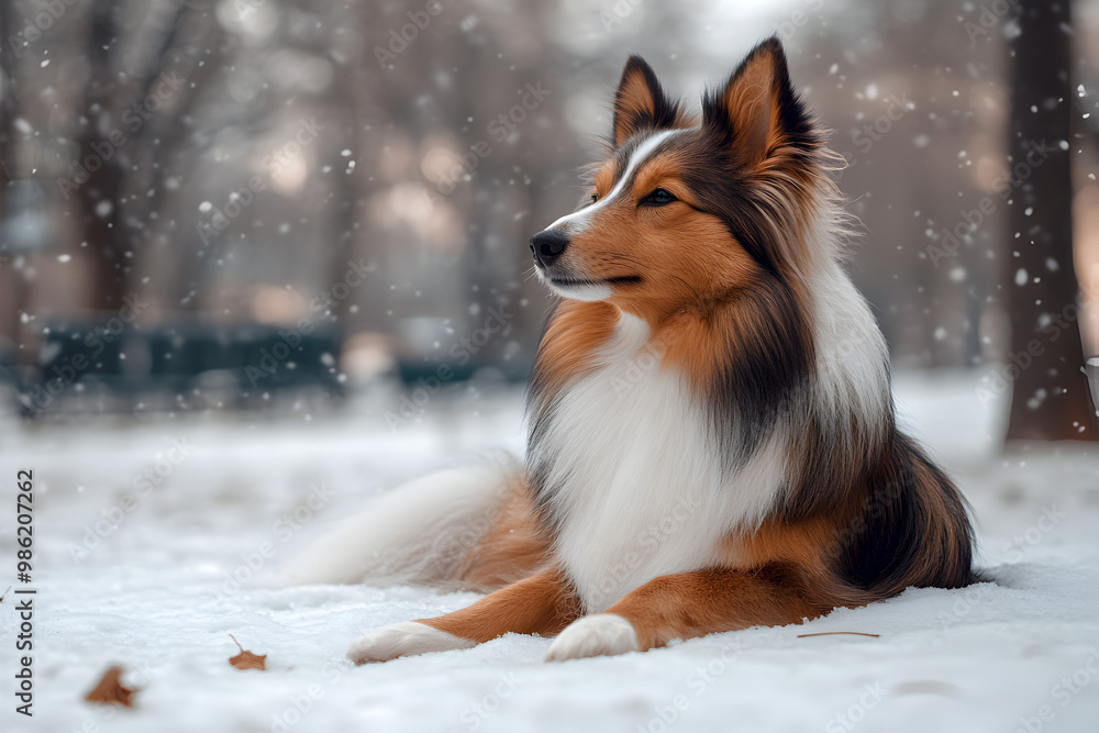 Shetland Sheepdog in Winter Park, Fluffy Dog Enjoying Snowy Day Shetland Sheepdog in Winter Park, Fluffy Dog Enjoying Snowy Day