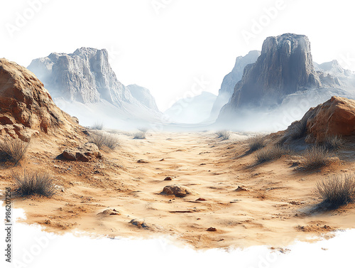 Desert planet with rocky canyons and dust storms, isolated on white background, clip art style photo