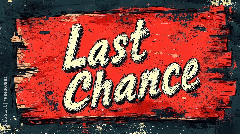 Fototapeta premium This image shows a rustic red sign with 'Last Chance' written in vintage-style white letters, conveying a sense of urgency and nostalgic charm, encouraging immediate action.