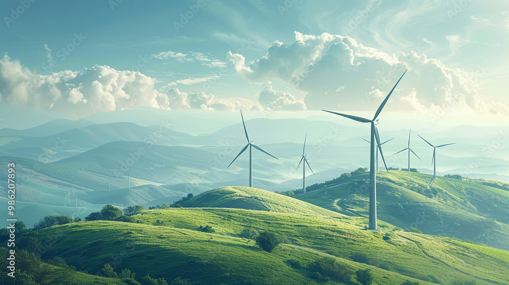 serene landscape featuring wind turbines amidst rolling green hills and clear sky serene landscape featuring wind turbines amidst rolling green hills and clear sky