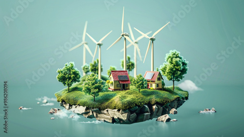 Sustainable energy concept with wind turbines and eco friendly homes