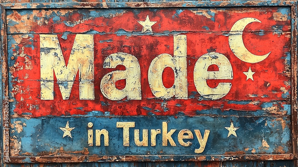 Fototapeta premium Photograph captures a weathered, rustic wooden sign prominently featuring 'Made in Turkey' text along with elements of the Turkish flag in a vintage style.
