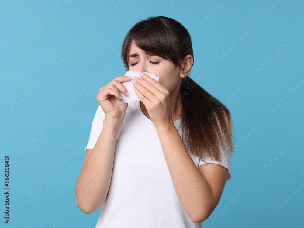 Woman with napkin suffering from sinusitis on light blue background Woman with napkin suffering from sinusitis on light blue background