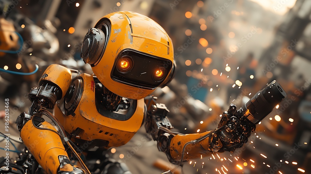 A yellow robot with glowing eyes holding a welding torch in a factory setting. A yellow robot with glowing eyes holding a welding torch in a factory setting.