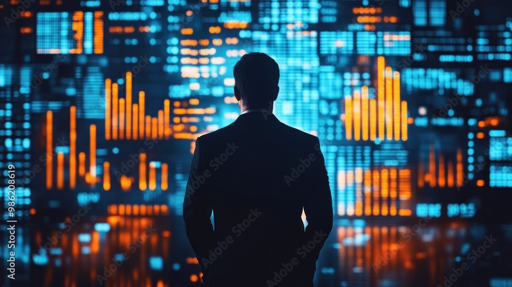 A man in a suit stands in front of a large screen displaying data and graphs. A man in a suit stands in front of a large screen displaying data and graphs.
