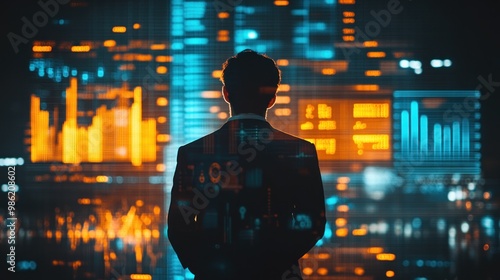 A businessman stands in front of a wall of data, illuminated by the glow of a screen.