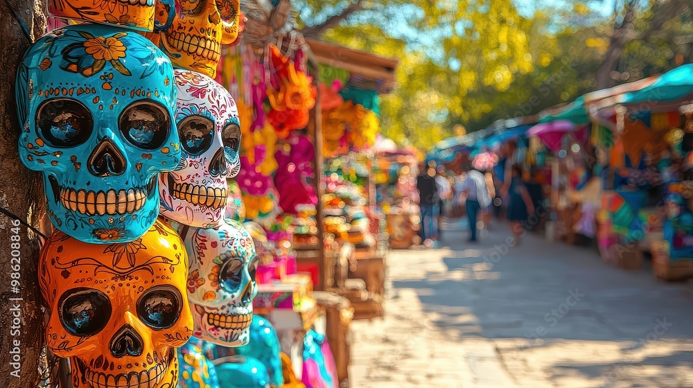 Fototapeta premium A colorful display of skulls and skeletons are on a street. The skulls are in various colors and sizes, and they are arranged in a way that catches the eye. The scene is lively and vibrant