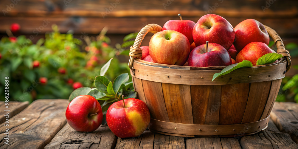 Rustic red apple basket filled with farm fresh bounty , apples, rustic, red, basket, farm, fresh, organic, harvest, juicy Rustic red apple basket filled with farm fresh bounty , apples, rustic, red, basket, farm, fresh, organic, harvest, juicy