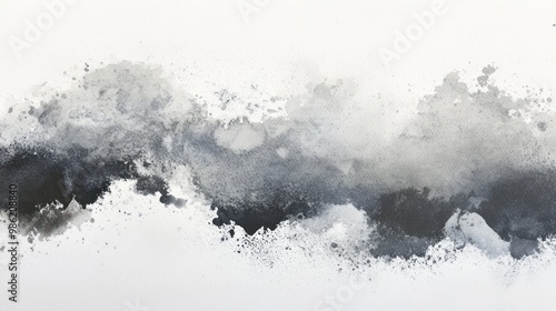 Abstract gray and black watercolor paint splatter texture on white background.