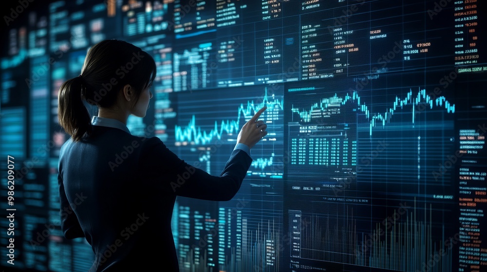 Businesswoman analyzing financial data on a large screen. Businesswoman analyzing financial data on a large screen.