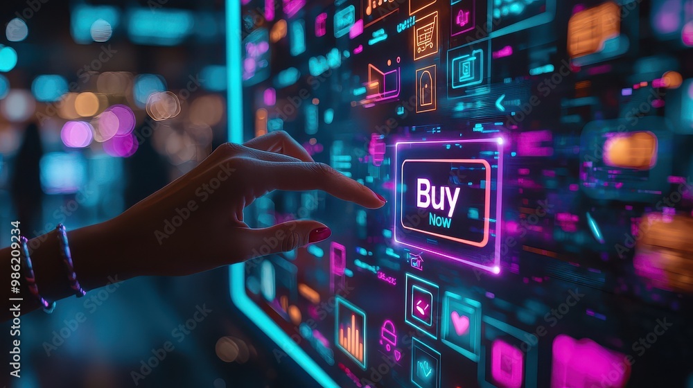 A woman is pointing at a buy button on a computer screen. The image is colorful and vibrant, with a futuristic feel. The woman's hand is hovering over the button A woman is pointing at a buy button on a computer screen. The image is colorful and vibrant, with a futuristic feel. The woman's hand is hovering over the button