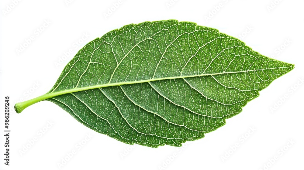 Single green leaf with visible veins isolated on a white background. Single green leaf with visible veins isolated on a white background.