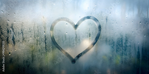 Heart shape drawn on a misty window , love, romantic, symbol, foggy, glass, drawing, Valentine's Day, blurred, winter,close up photo