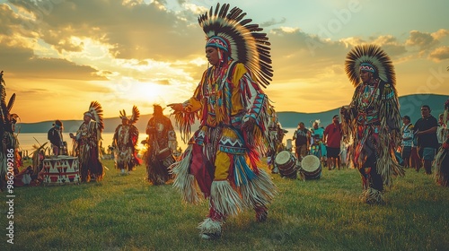 A group of Native Americans are dancing in a field with the sun setting in the background. Scene is lively and celebratory