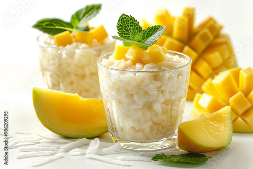 Coconut rice pudding with mango slices