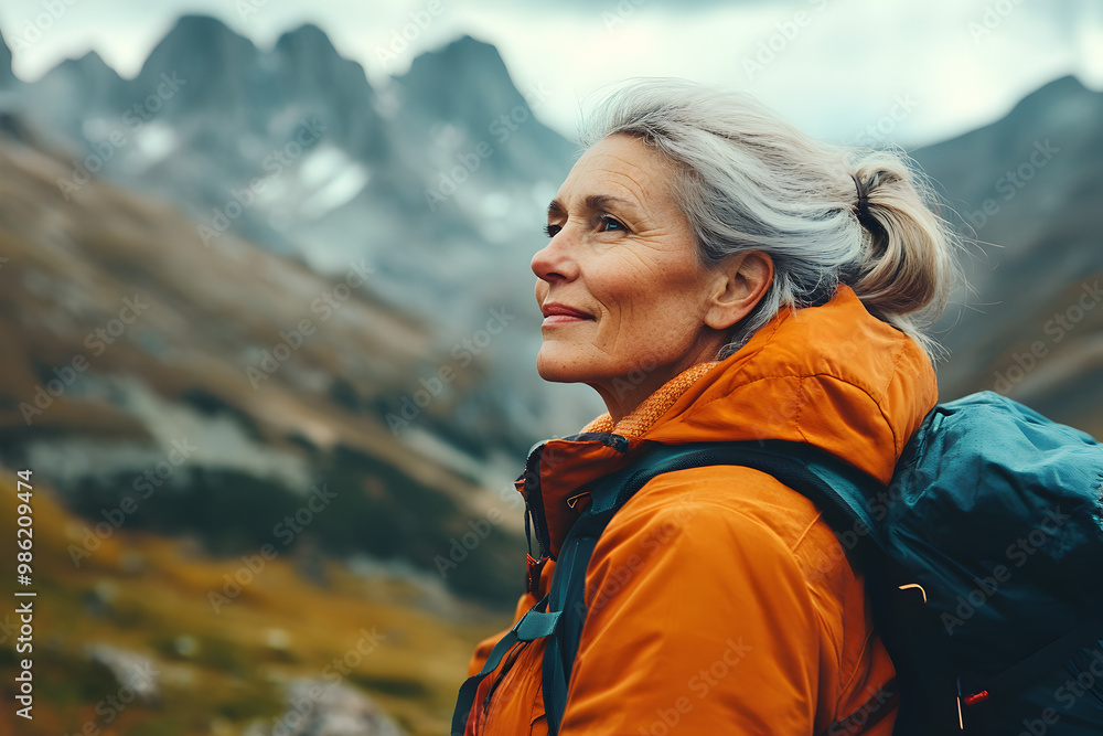 Elderly Woman Climbing a Mountain, Embracing Adventure and Nature Elderly Woman Climbing a Mountain, Embracing Adventure and Nature