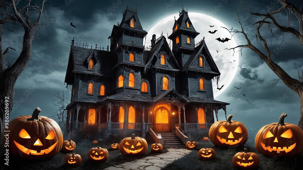 Spooky Halloween magic kids, haunted houses, creepy Jack-o-Lanterns, and spooky scenes Spooky Halloween magic kids, haunted houses, creepy Jack-o-Lanterns, and spooky scenes