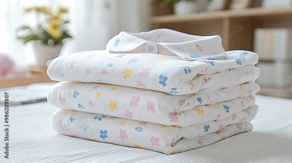A stack of folded white shirts with floral patterns offers a soft, fresh wardrobe update. A stack of folded white shirts with floral patterns offers a soft, fresh wardrobe update.