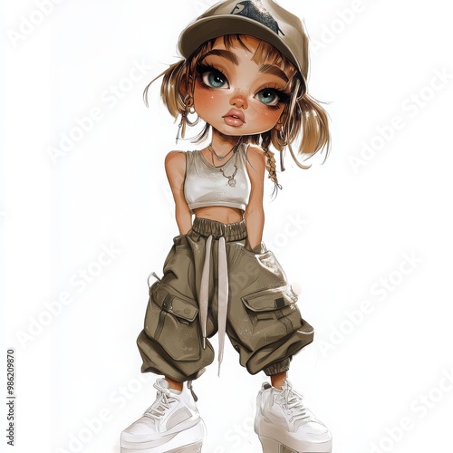 A style illustration of a young girl. She wears a glittery camisole top, cargo pants, and chunky white sneakers. photo