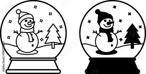 Snow Globe Icons. Black and White Vector Icons. Happy Snowman in Hat and Scarf, Christmas Tree and Snow. Christmas and Holiday Concept