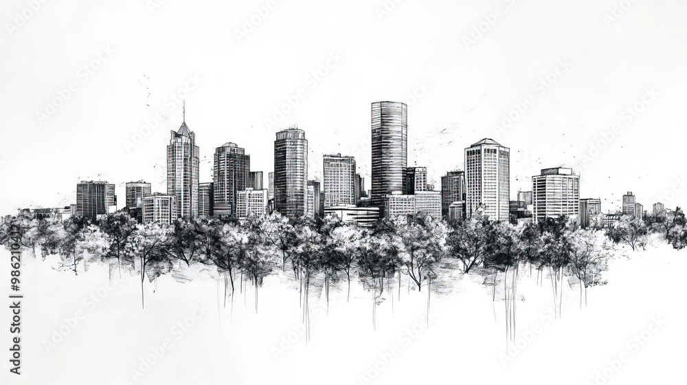 Obraz premium Fayetteville, Arkansas, black and white pen pencil hand-drawn effect drawing illustration for travel poster, card, wallpaper, backdrop or banner. Modern, clear, artistic and simple