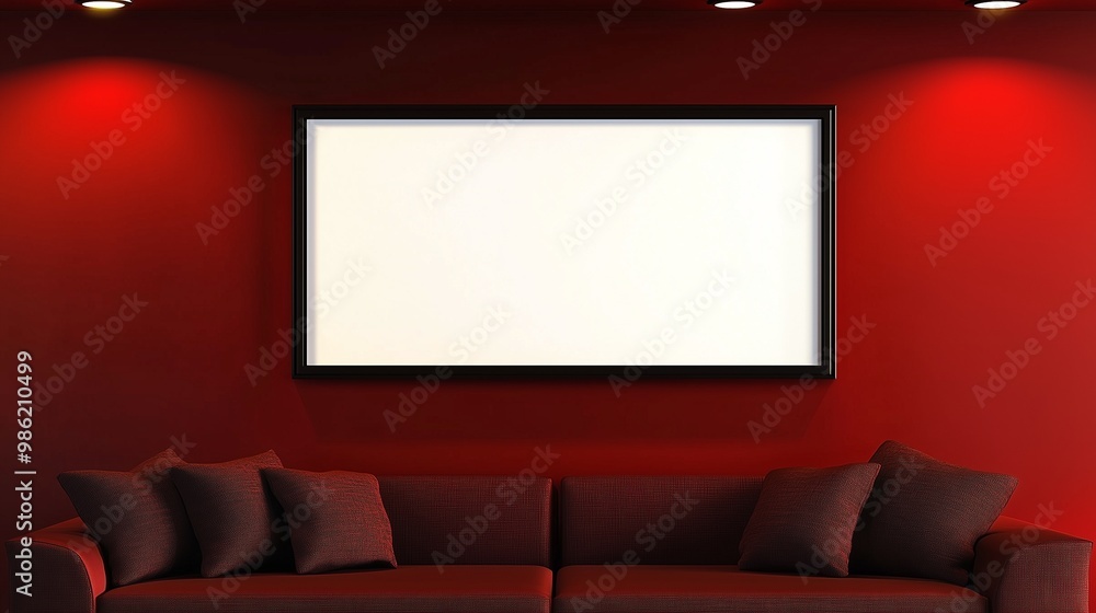 An empty rectangular frame on a rich red wall, lit by elegant ceiling lights, casting subtle shadows and enhancing the contemporary feel of the room. An empty rectangular frame on a rich red wall, lit by elegant ceiling lights, casting subtle shadows and enhancing the contemporary feel of the room.