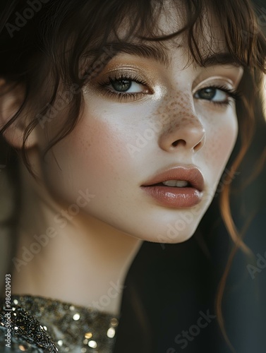 Editorial fashion close-up, young model on the runway, soft lighting highlighting her sharp features, elegant couture dress with intricate detailing, natural makeup with glossy highlights.