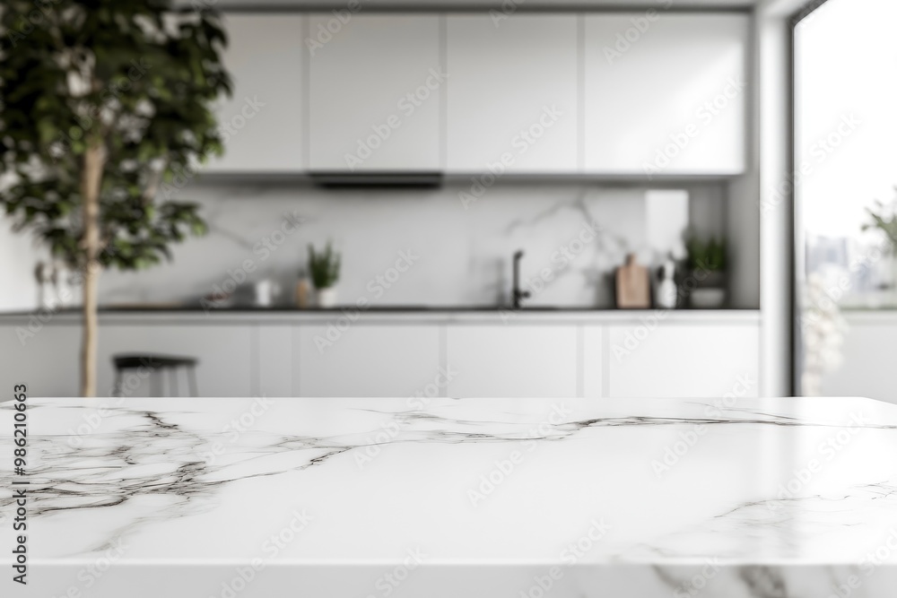 Fototapeta premium Mockup space on a luxury white marble tabletop with a blurred modern minimal white kitchen with generative ai