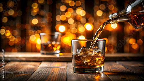 Whiskey being poured into a glass on a blurry background, whiskey, alcohol, drink, pour, glass, bar, beverage