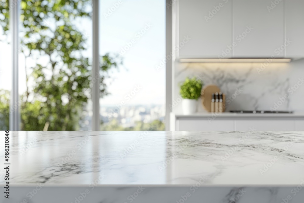Fototapeta premium Mockup space on a luxury white marble tabletop with a blurred modern minimal white kitchen with generative ai