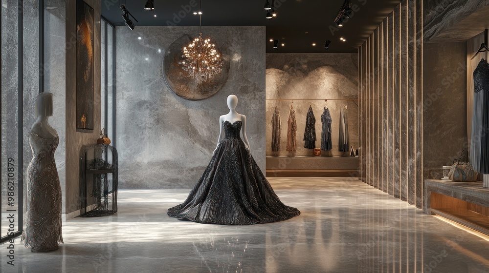 Elegant black gown on a mannequin in a modern boutique with grey walls and shiny floors. Elegant black gown on a mannequin in a modern boutique with grey walls and shiny floors.