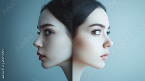 A woman's face is split in half, looking in opposite directions with a blue background.