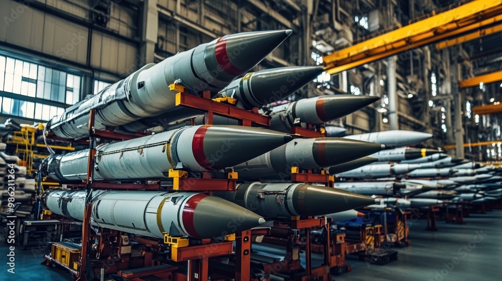Missiles stacked on a rack inside a large industrial building. Missiles stacked on a rack inside a large industrial building.