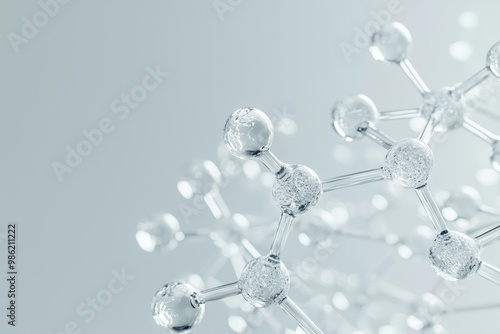 Abstract glass molecular structure on light gray color background. Futuristic technology wallpaper. Science or medical banner