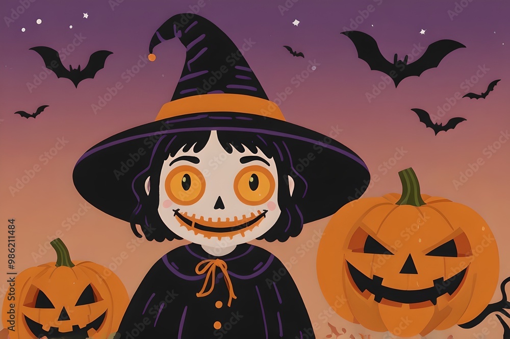 Spooky Halloween Witch with Jack-o-Lanterns and Bats in a Purple Sky Spooky Halloween Witch with Jack-o-Lanterns and Bats in a Purple Sky