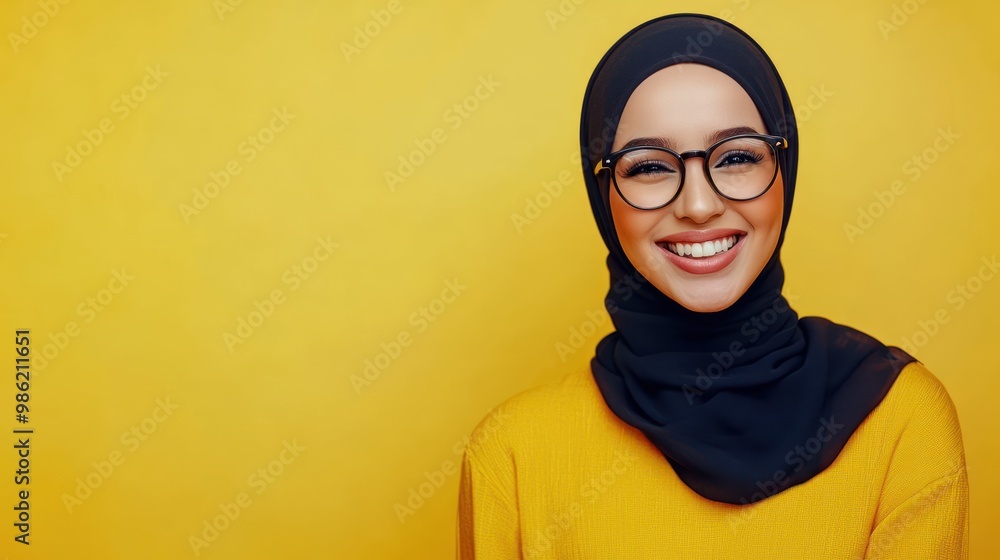 Smiling woman in a headscarf and glasses looking at the camera on a yellow background. Smiling woman in a headscarf and glasses looking at the camera on a yellow background.