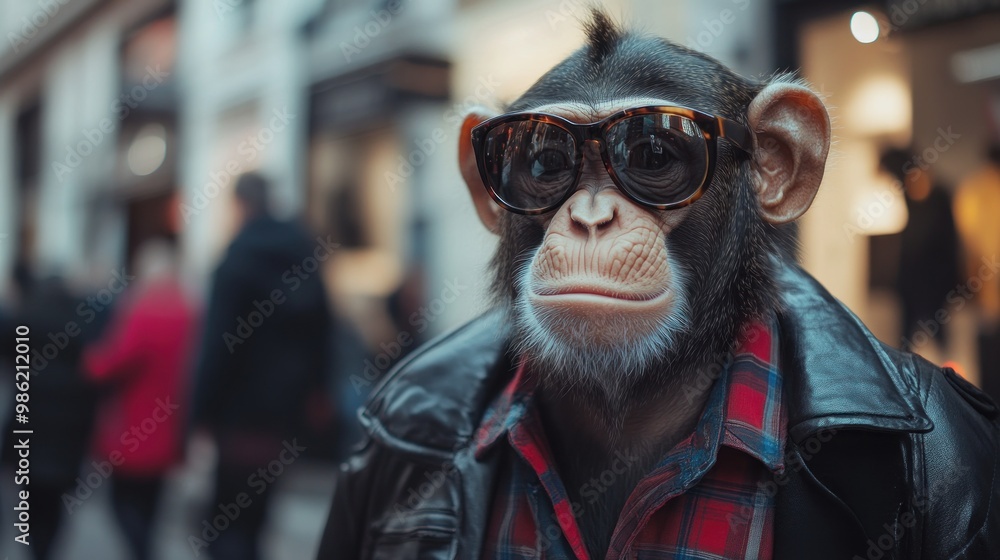 A chimpanzee wearing sunglasses and a leather jacket stands in the city. A chimpanzee wearing sunglasses and a leather jacket stands in the city.