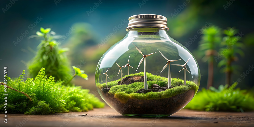 Tiny terrarium with wind turbines and moss in a bottle Tiny terrarium with wind turbines and moss in a bottle