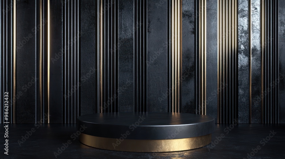 Black pedestal with gold trim on a dark wood background. Black pedestal with gold trim on a dark wood background.