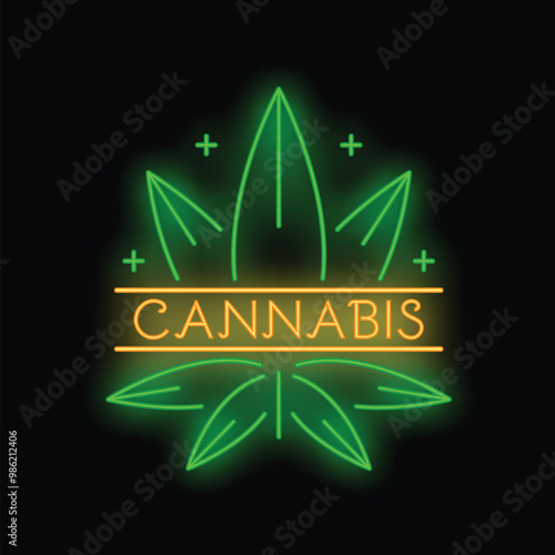 Green and orange neon sign with cannabis leaf logo, glowing on a black background