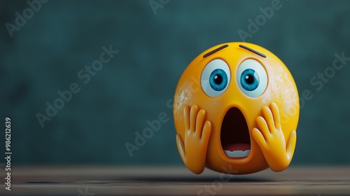 The emoji is surprised and scared, hiding part of its face with its hands. photo