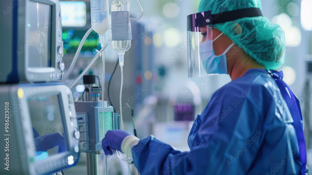 A healthcare professional in protective gear is attending to patient in hospital setting, showcasing dedication and care in critical environment A healthcare professional in protective gear is attending to patient in hospital setting, showcasing dedication and care in critical environment