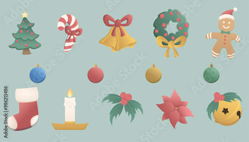 Set of Christmas icons, merry christmas decorations, illustration set for December