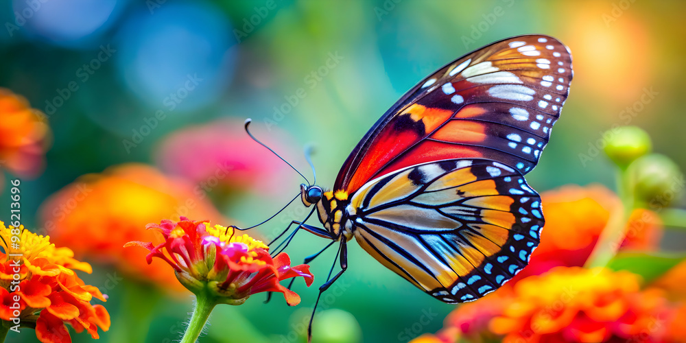 Fototapeta premium Vibrant close-up image of a colorful butterfly perched on a flower, nature, insect, wings, beauty, vibrant